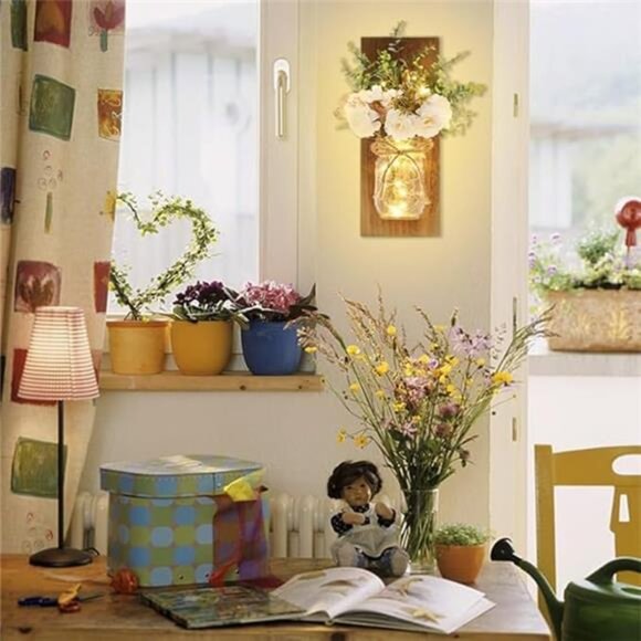 Mason Jar Wall Sconce Set of 2 LED Fairy Lights Rustic Farmhouse Wall Decor - Picture 4 of 7